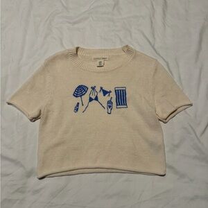 Happily Grey Cream Knit Crop Top with Blue Beach Motif